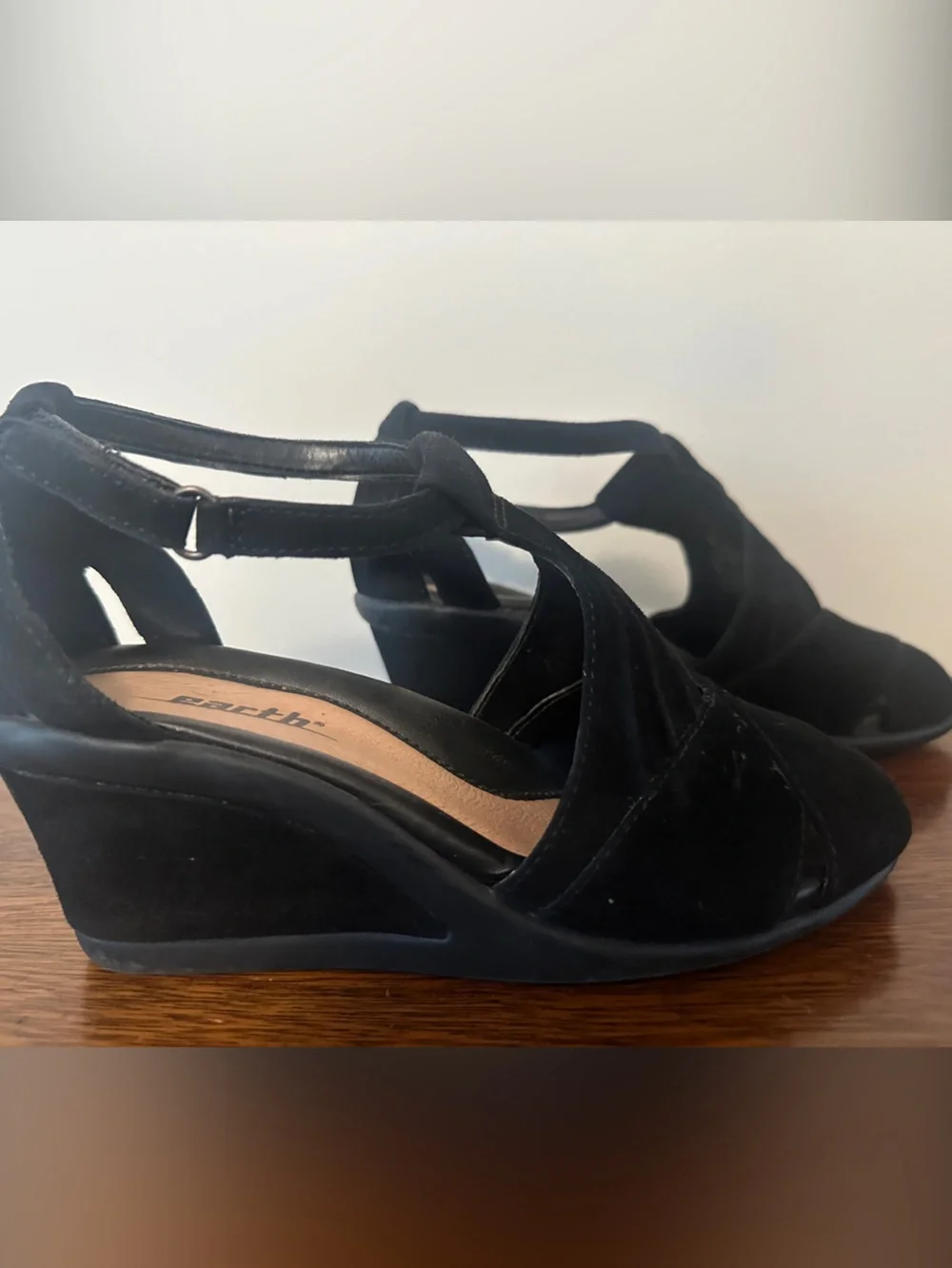 Earth Black Suede Wedge Sandals with Ankle Strap